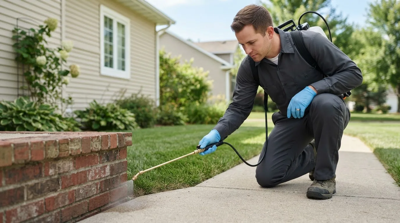 Pest control technician treating a home near Alamo, IN