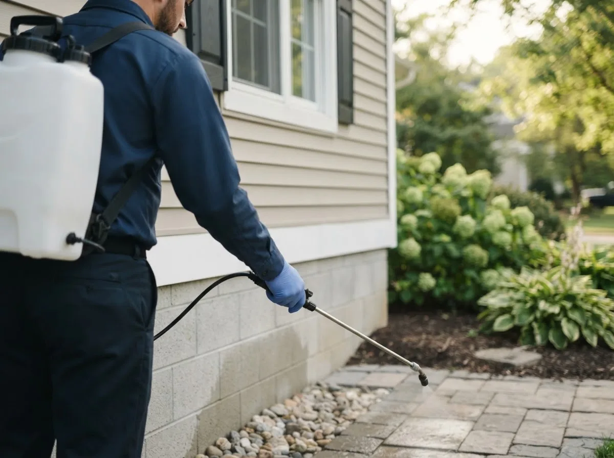 Pest control technician inspecting a home in Alamo, IN